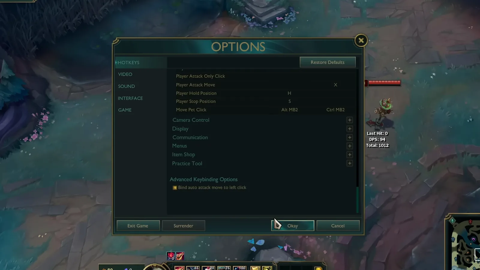Advanced Keybinding Options in LoL Hotkeys with the Bind auto attack move to left click checkbox