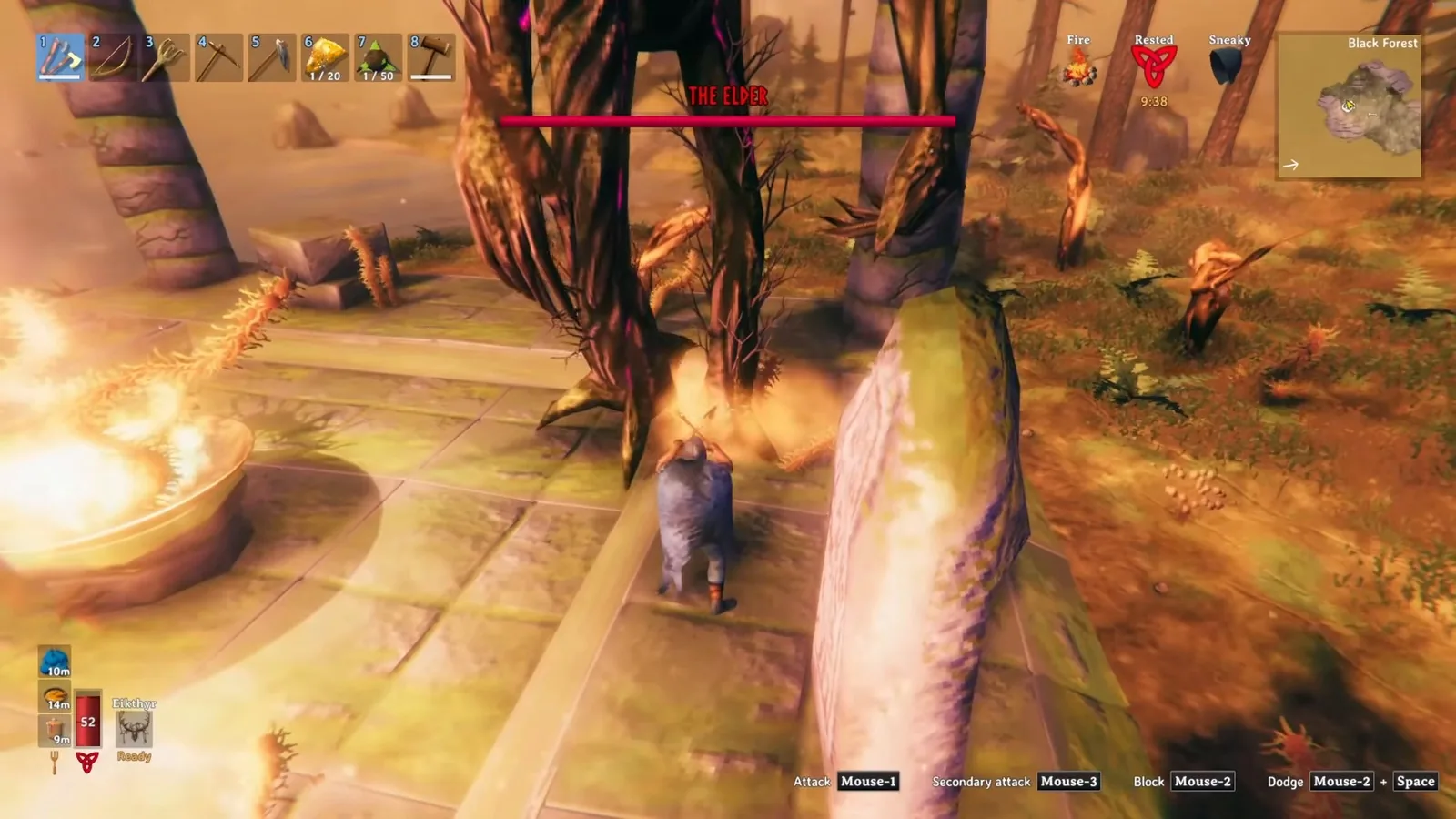 The player running between a burning fire bowl and a pillar as The Elder's Roots spread over the altar