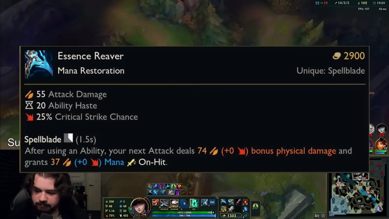 Essence Reaver tooltip from the video showing 2900 gold, 55 AD, 20 ability haste and Spellblade