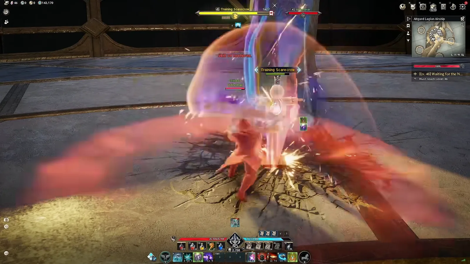 AION 2 Gladiator attacking a training scarecrow during a DPS test
