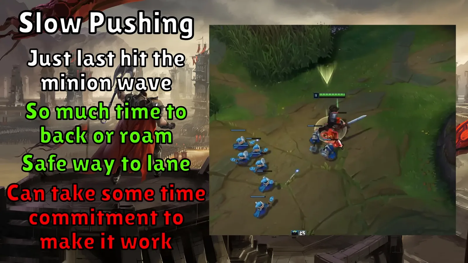 Slow pushing in top lane by last hitting so several waves stack before a crash