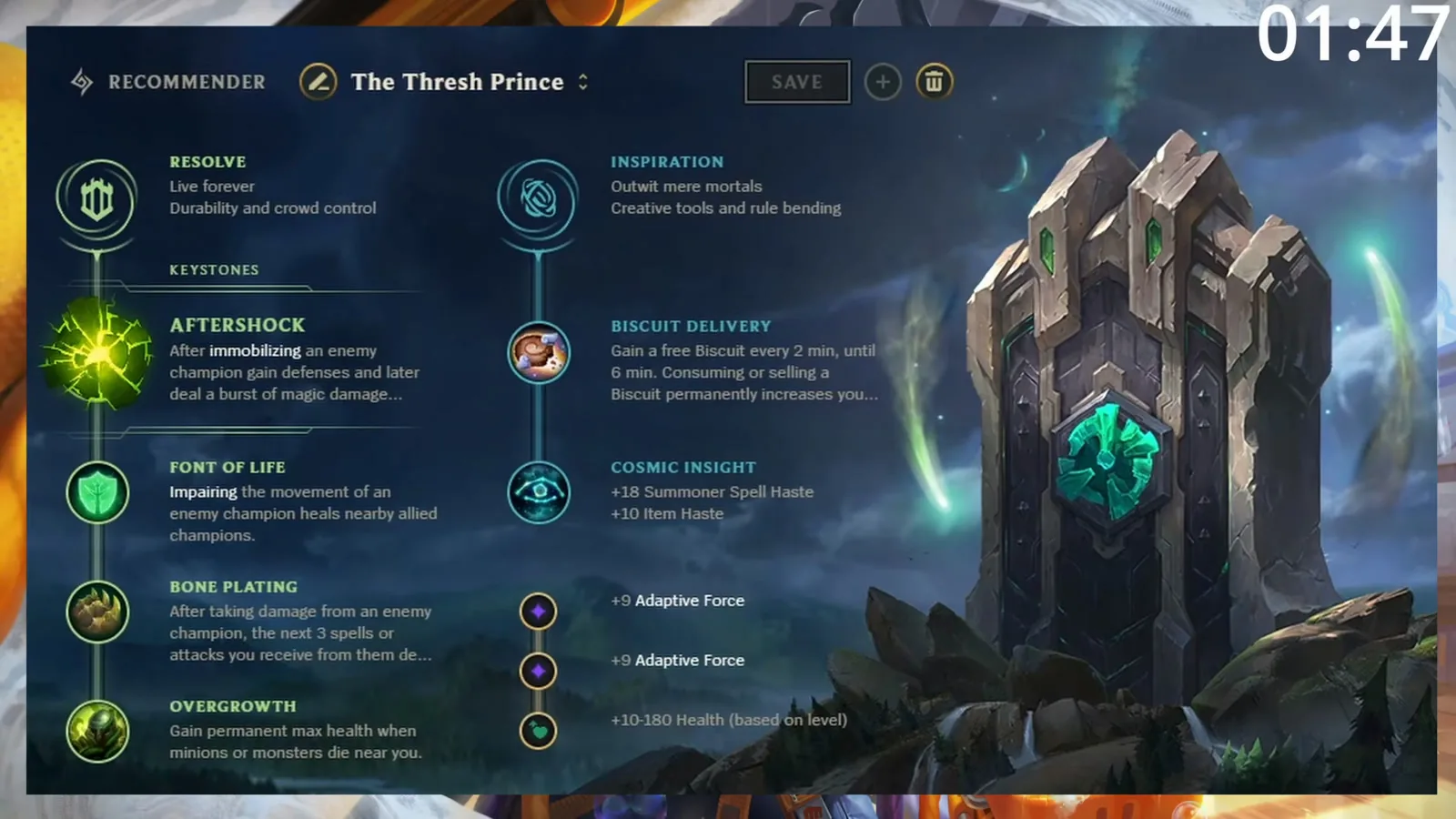 Thresh rune page: Aftershock, Font of Life, Bone Plating, Overgrowth, Biscuit Delivery, Cosmic Insight
