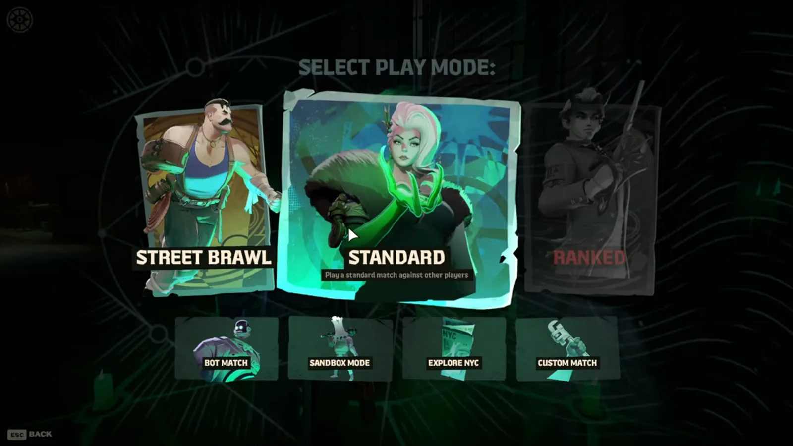 Deadlock's Select Play Mode screen with Street Brawl and Standard available and the Ranked card greyed out until the unlock requirements are met