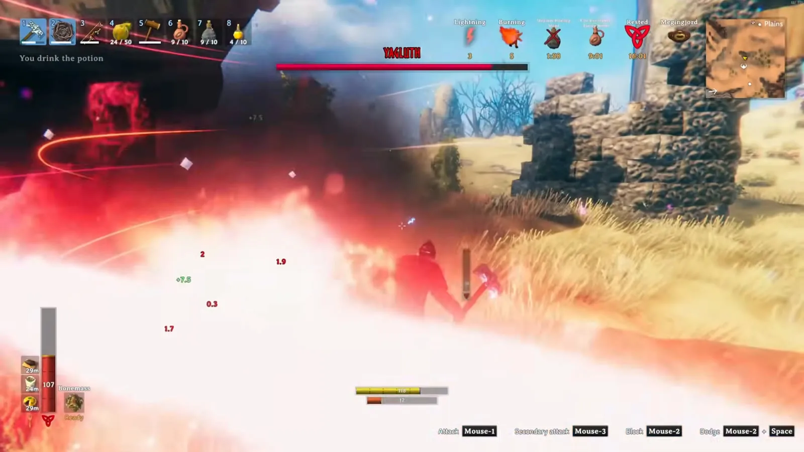 Yagluth's red fire breath beam sweeping across the Plains towards the player