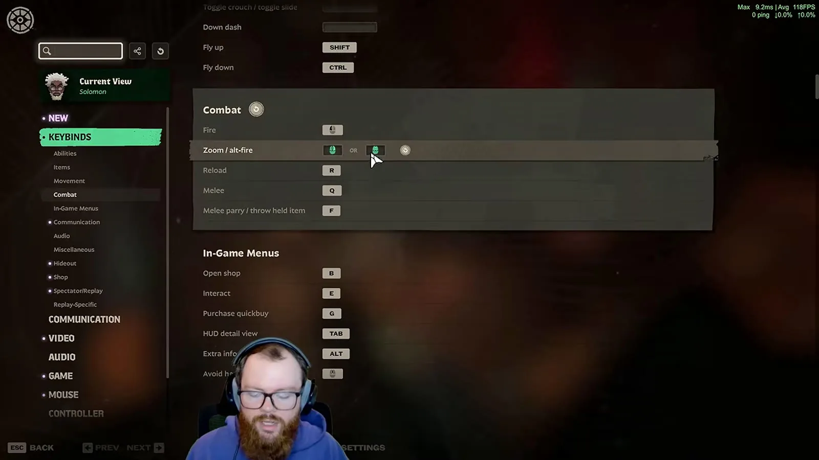 Deadlock keybind settings for Solomon with a second Zoom alt-fire bind being added under Combat