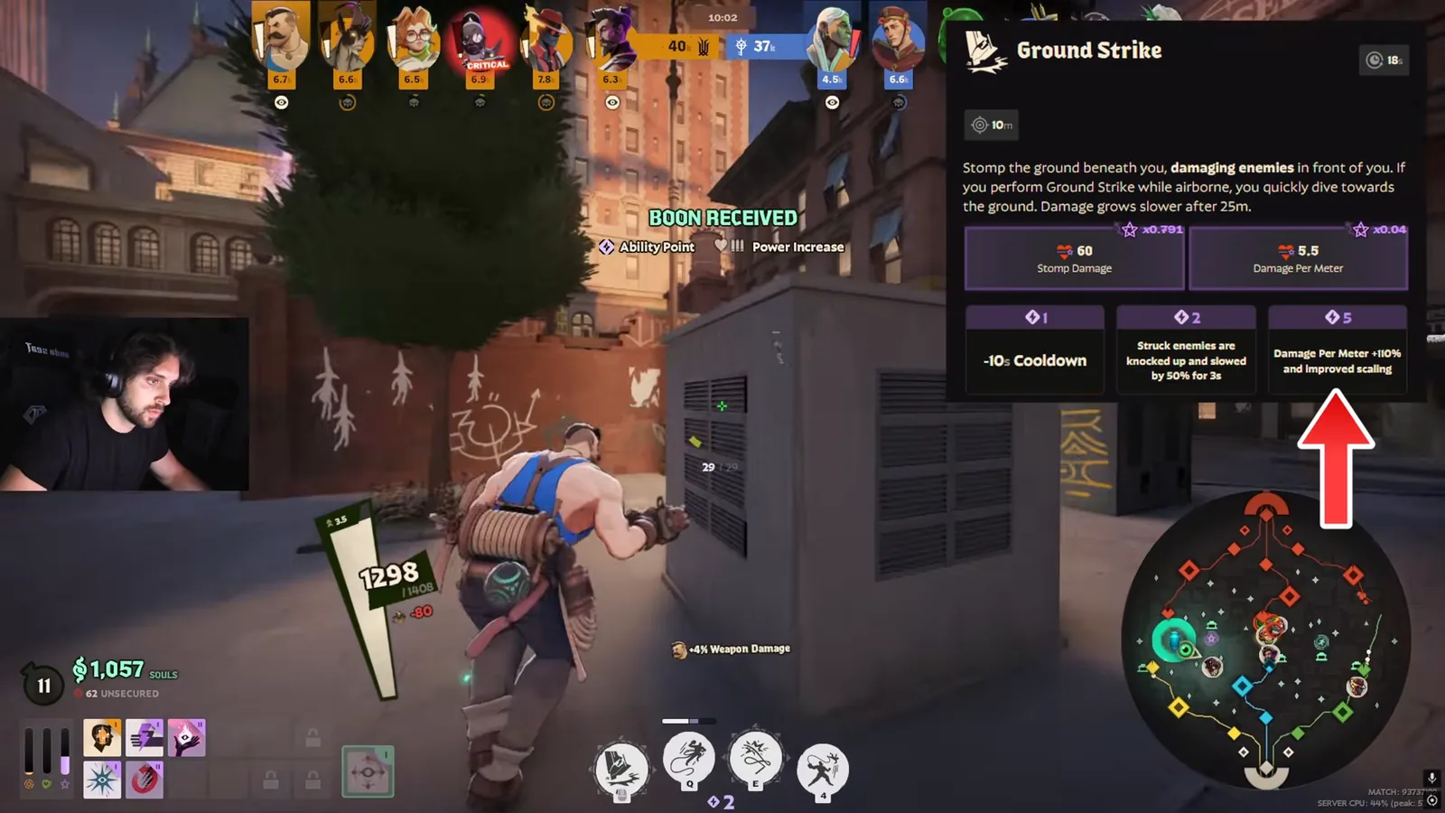 Lash Ground Strike tooltip showing 18s cooldown and 10m range during a Deadlock lane fight
