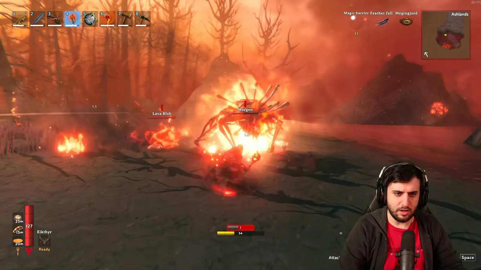 Morgen and Lava Blob attacking in the Valheim Ashlands
