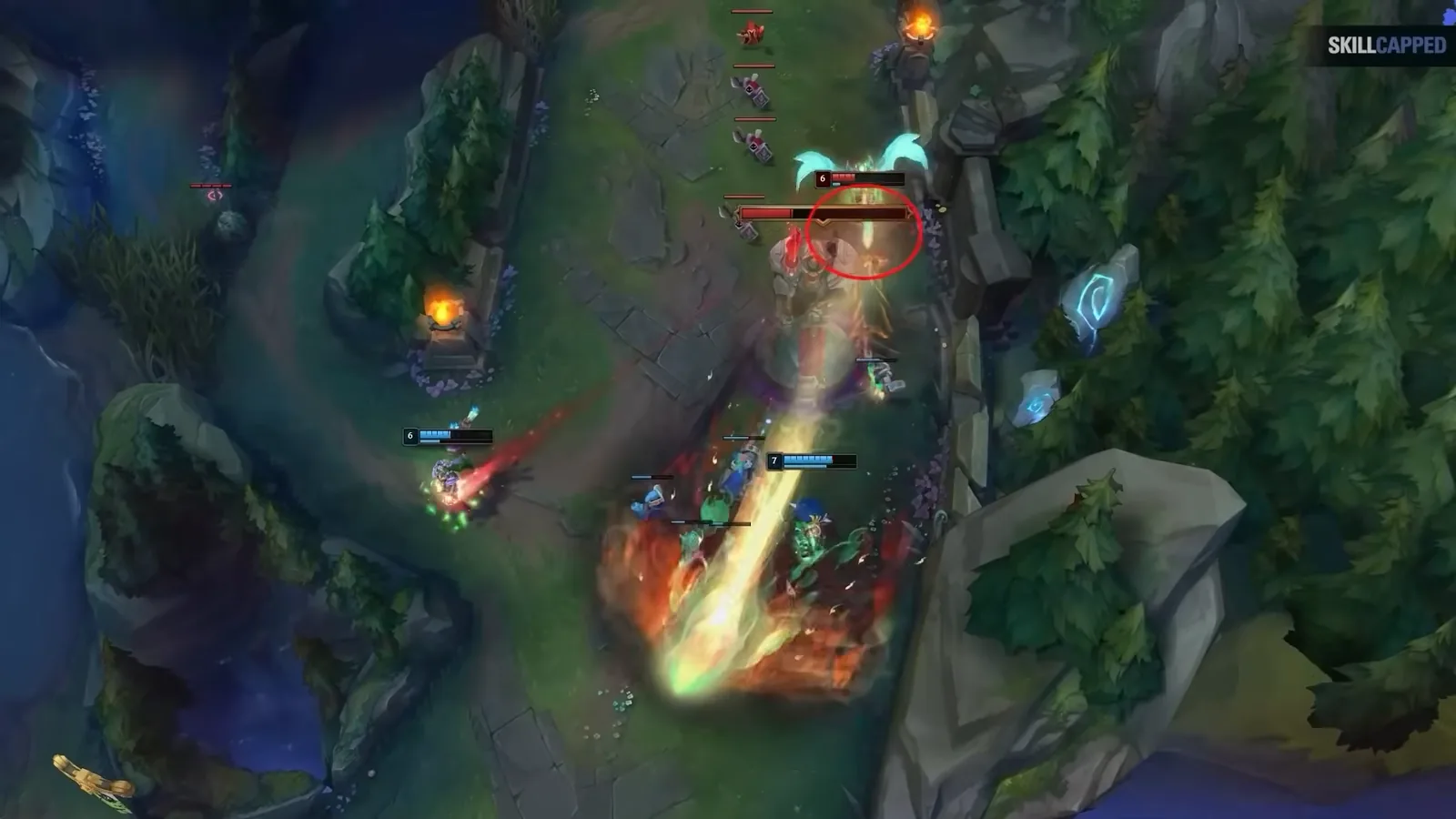 Renata Glasc support engaging on an enemy Thresh in bot lane, League of Legends