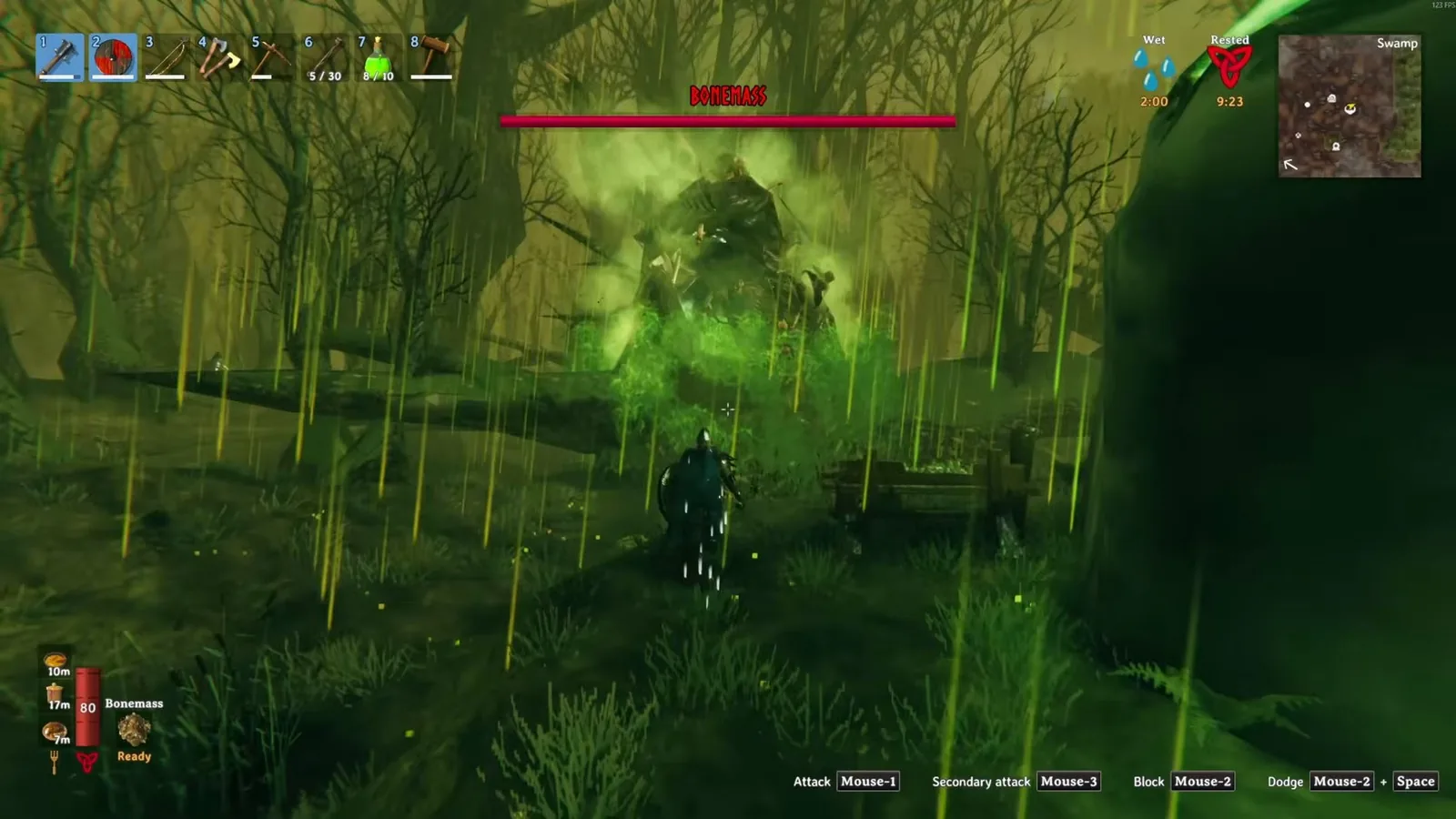 Bonemass with his boss health bar moving towards the player after the summon