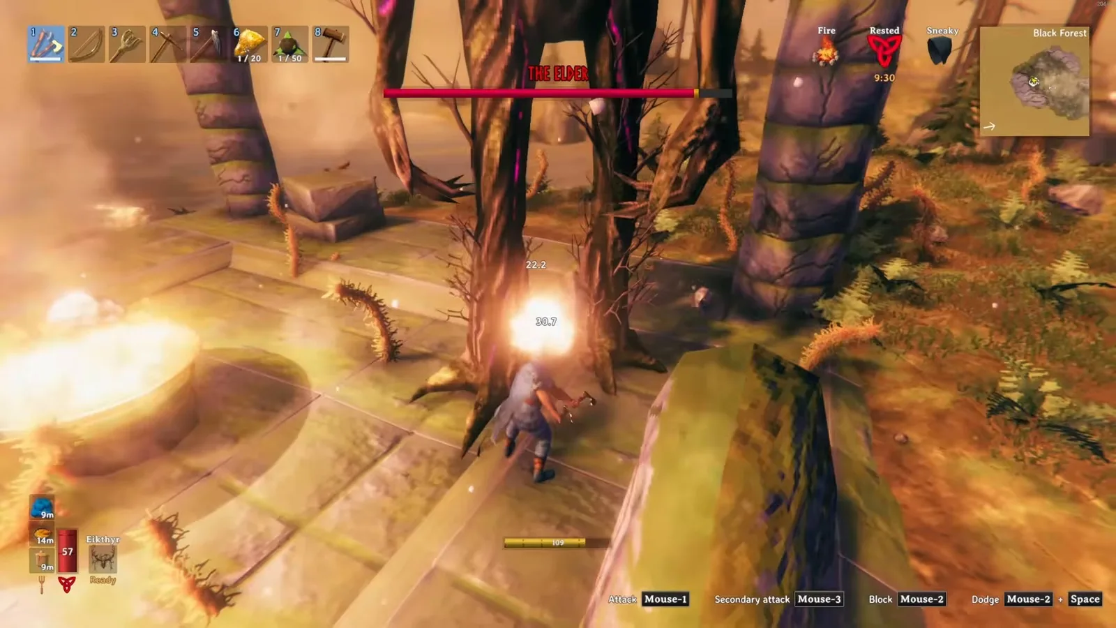 Melee hits on The Elder's feet at close range, where he won't use his vine volley