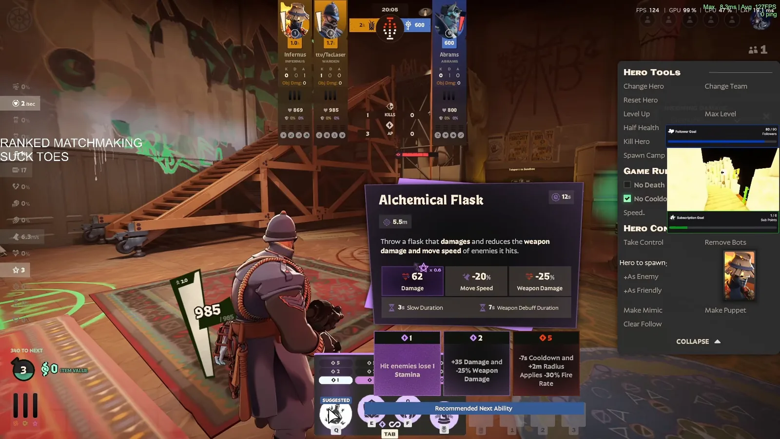 Warden's Alchemical Flask tooltip in the Deadlock sandbox showing radius, slow and weapon damage reduction