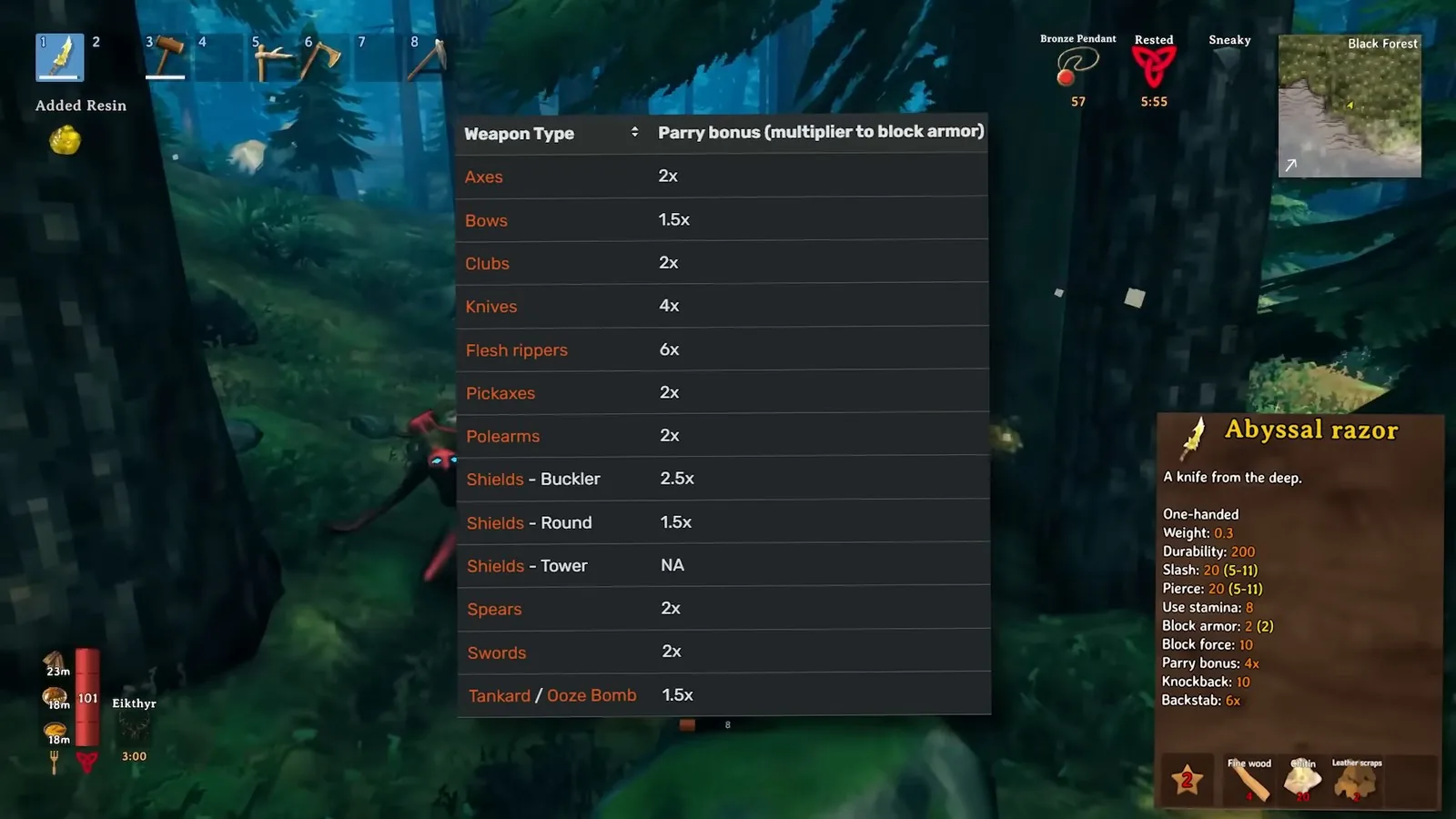 Valheim parry bonus table by weapon type shown next to the Abyssal razor tooltip