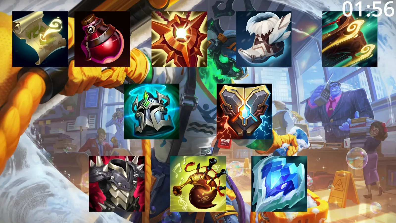Thresh build order icons: World Atlas, potion, Locket, boots, Solstice Sleigh, Knight's Vow, Zeke's and situational items