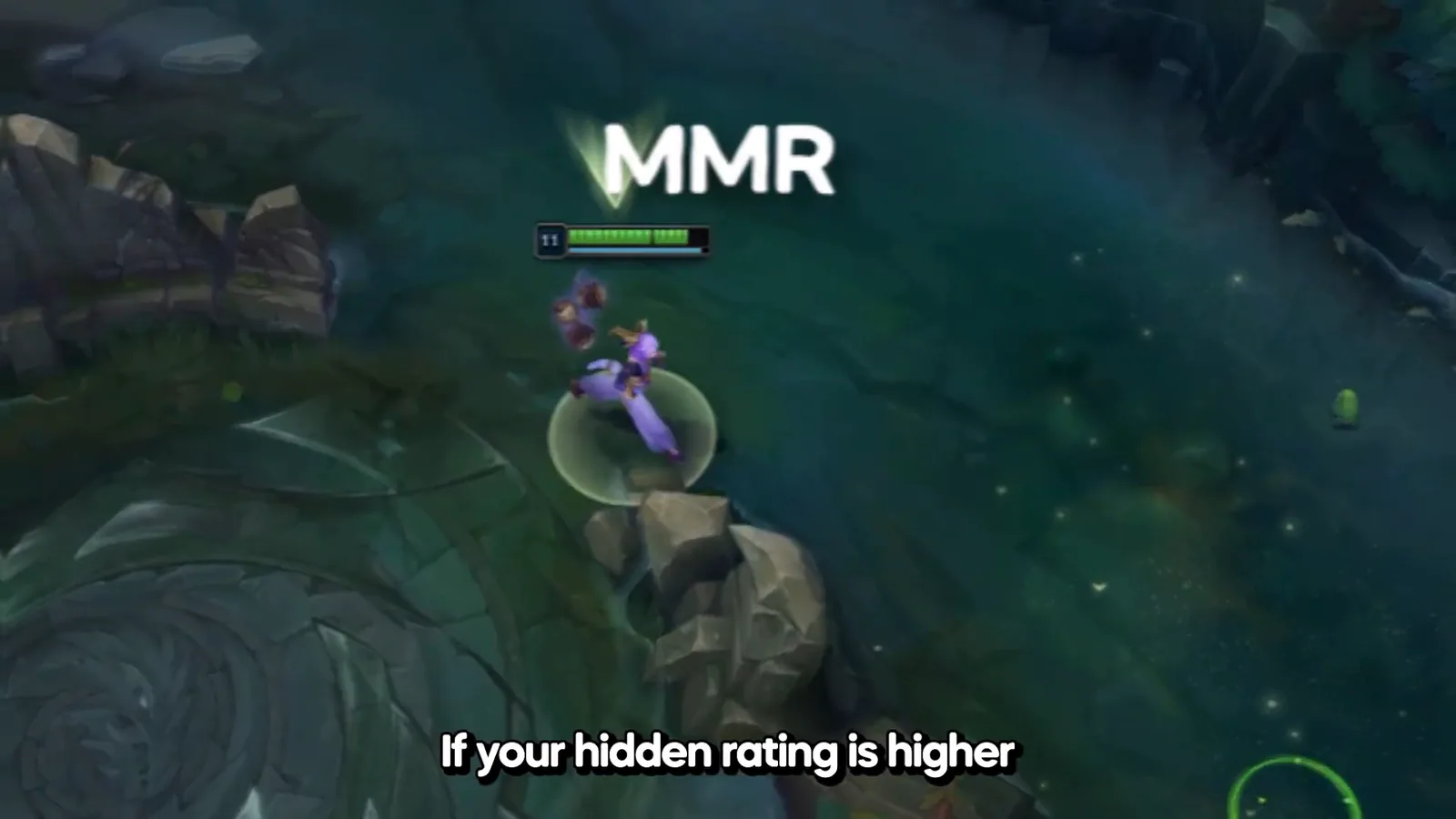 Hidden MMR label over a champion on Summoner's Rift, League of Legends matchmaking rating
