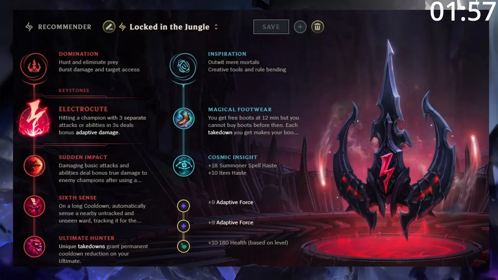 The video's rune page: Electrocute, Sudden Impact, Sixth Sense, Ultimate Hunter, Magical Footwear and Cosmic Insight