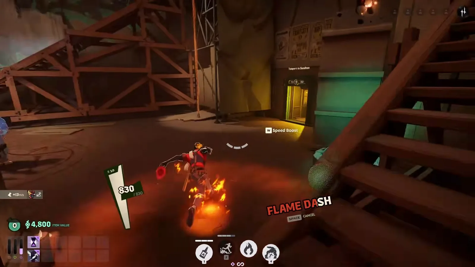 Infernus using Flame Dash through a wooden interior, leaving a burning trail behind him