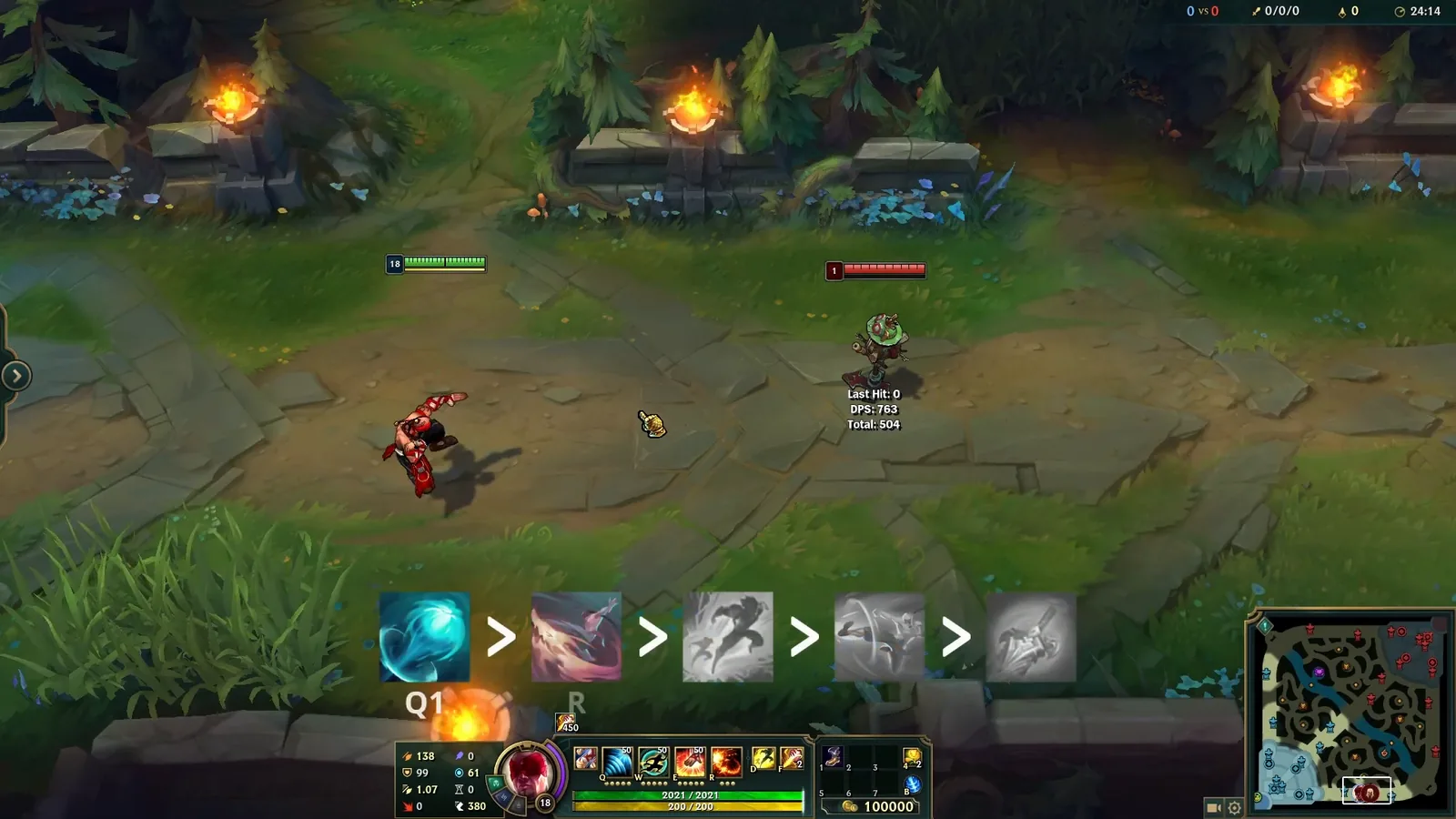 Lee Sin facing a target dummy in the Practice Tool at level 18, before the no-react burst combo