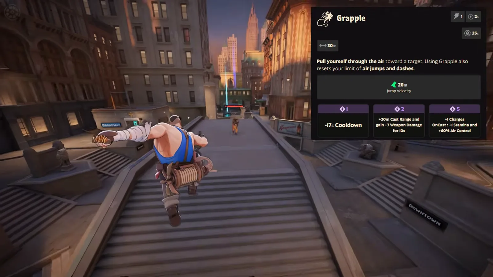 Lash Grapple tooltip with 35s cooldown and T1 to T3 upgrades in the Deadlock sandbox
