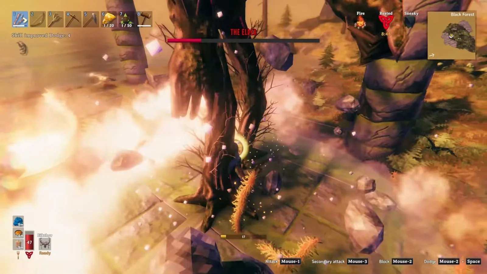 The Elder down to about a fifth of his health while the player dodges at his feet