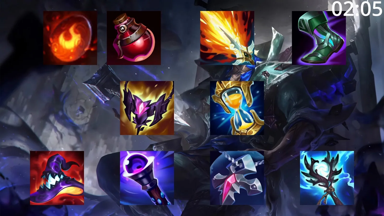 The video's item build: Scorchclaw Pup, Health Potion, Lich Bane, Sorcerer's Shoes, Shadowflame, Zhonya's Hourglass and situational items
