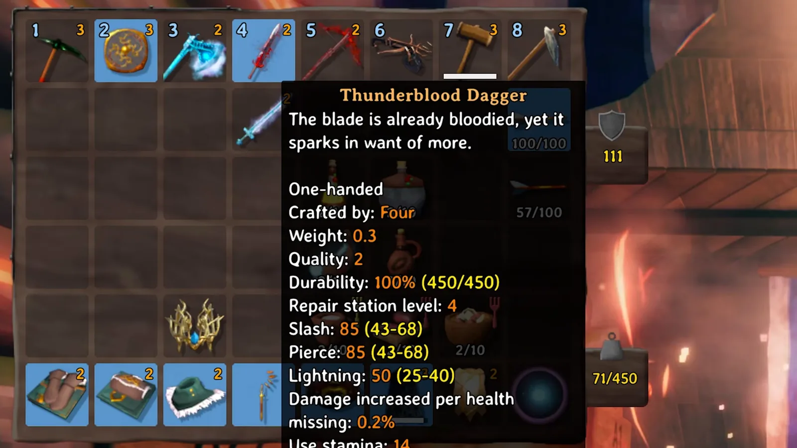 Thunderblood dagger tooltip in Valheim 1.0 showing 85 slash, 85 pierce, 50 lightning and bonus damage per health missing