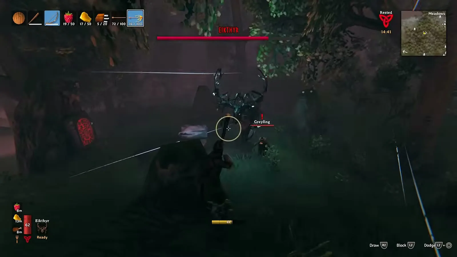 A fire arrow hitting Eikthyr while a Greyling wanders into the boss fight