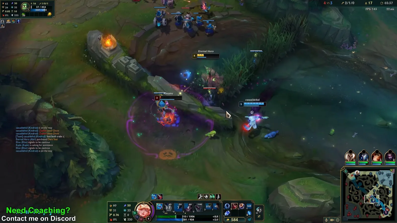 Ahri fighting near the mid lane river brush at 3:37