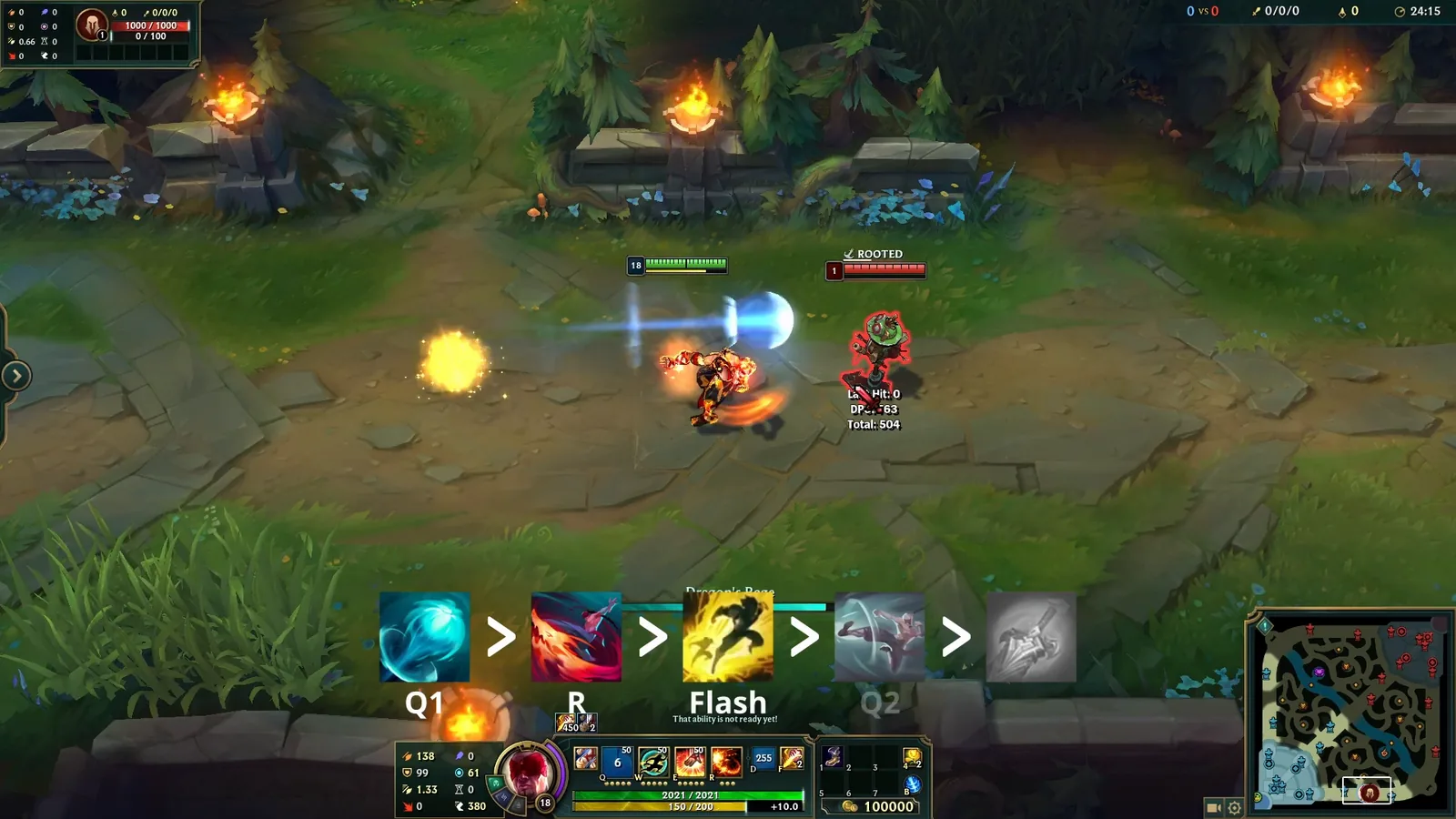Lee Sin no-react burst: Resonating Strike (Q2) following the target after Dragon's Rage and Flash
