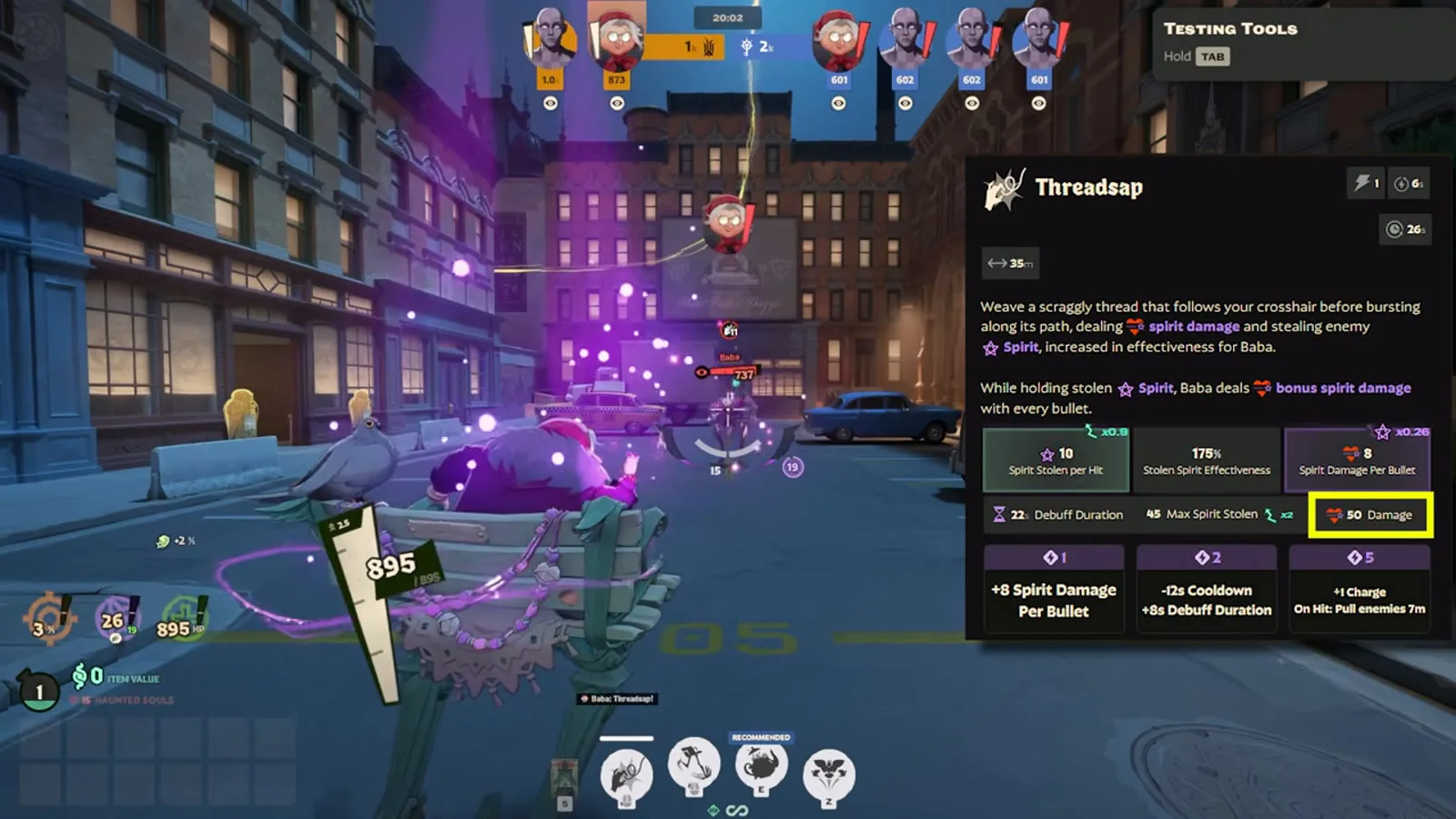 The Threadsap tooltip in Deadlock showing 10 Spirit stolen per hit, 175% stolen Spirit effectiveness and 50 damage