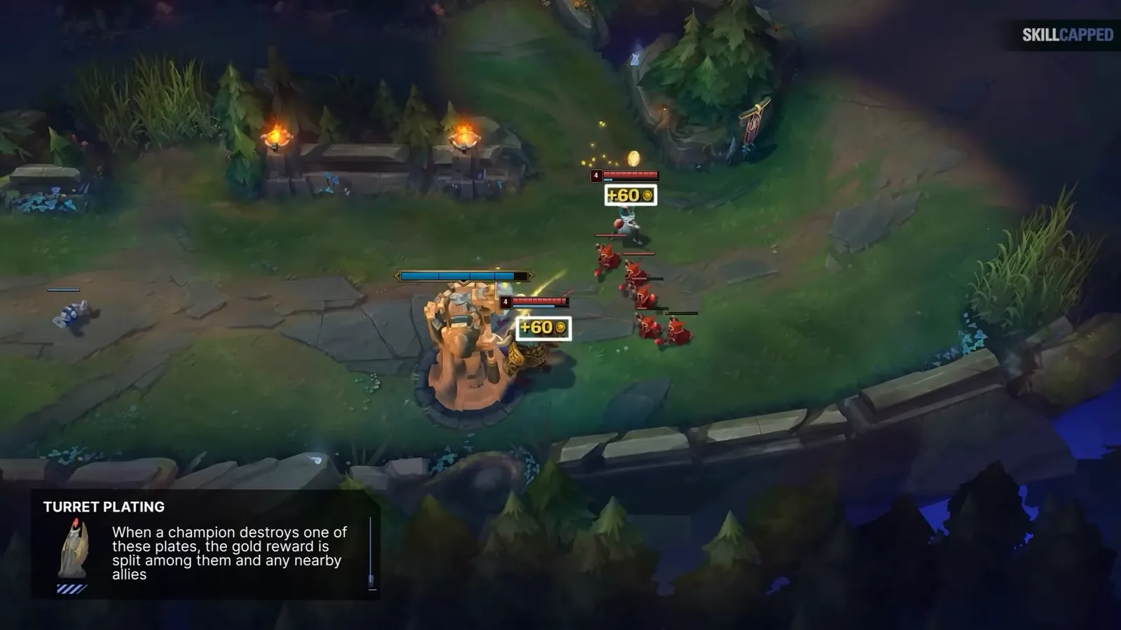 Turret plating tooltip: plate gold is split between the champion and nearby allies