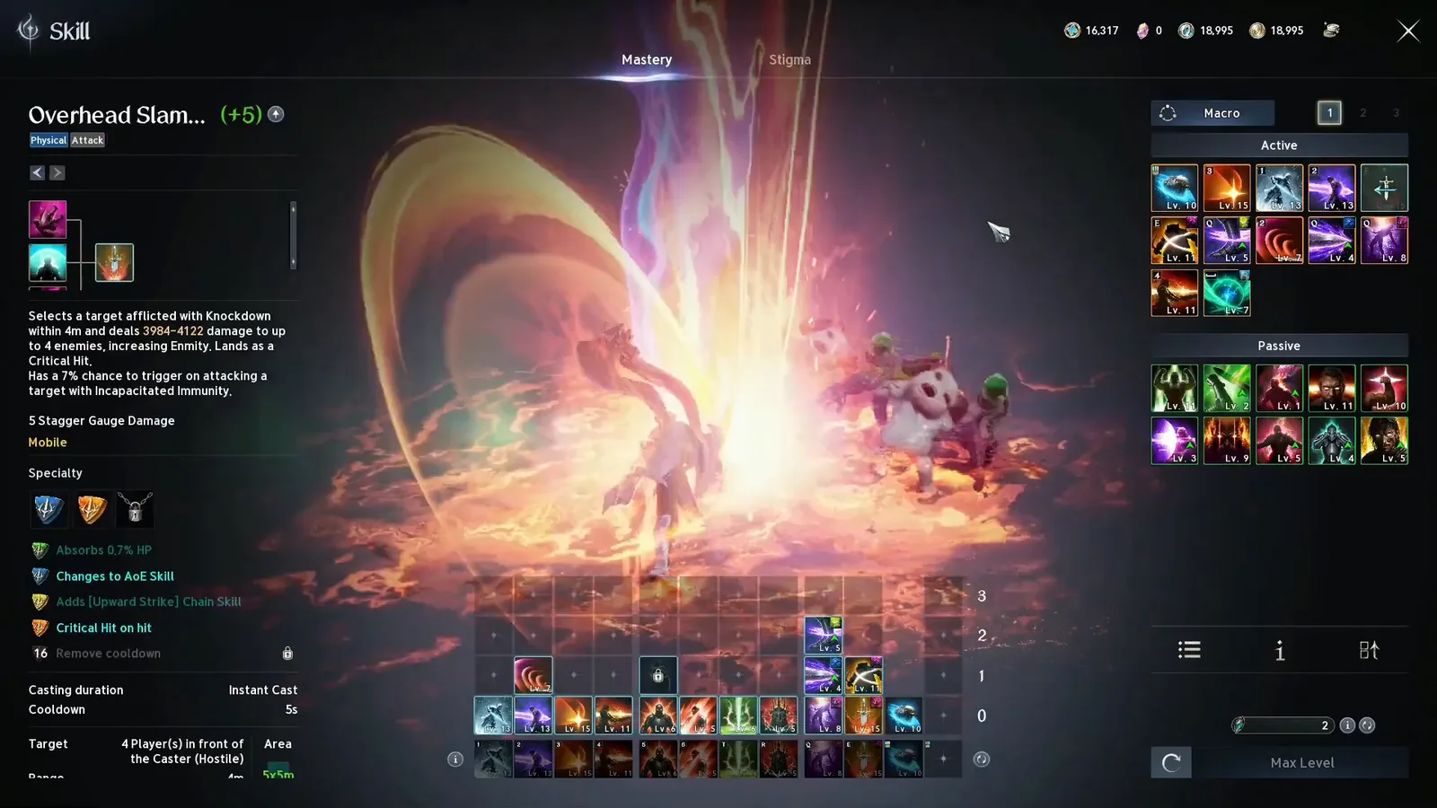 AION 2 Gladiator Overhead Slam skill tooltip with Specialty options and level 16 Remove cooldown