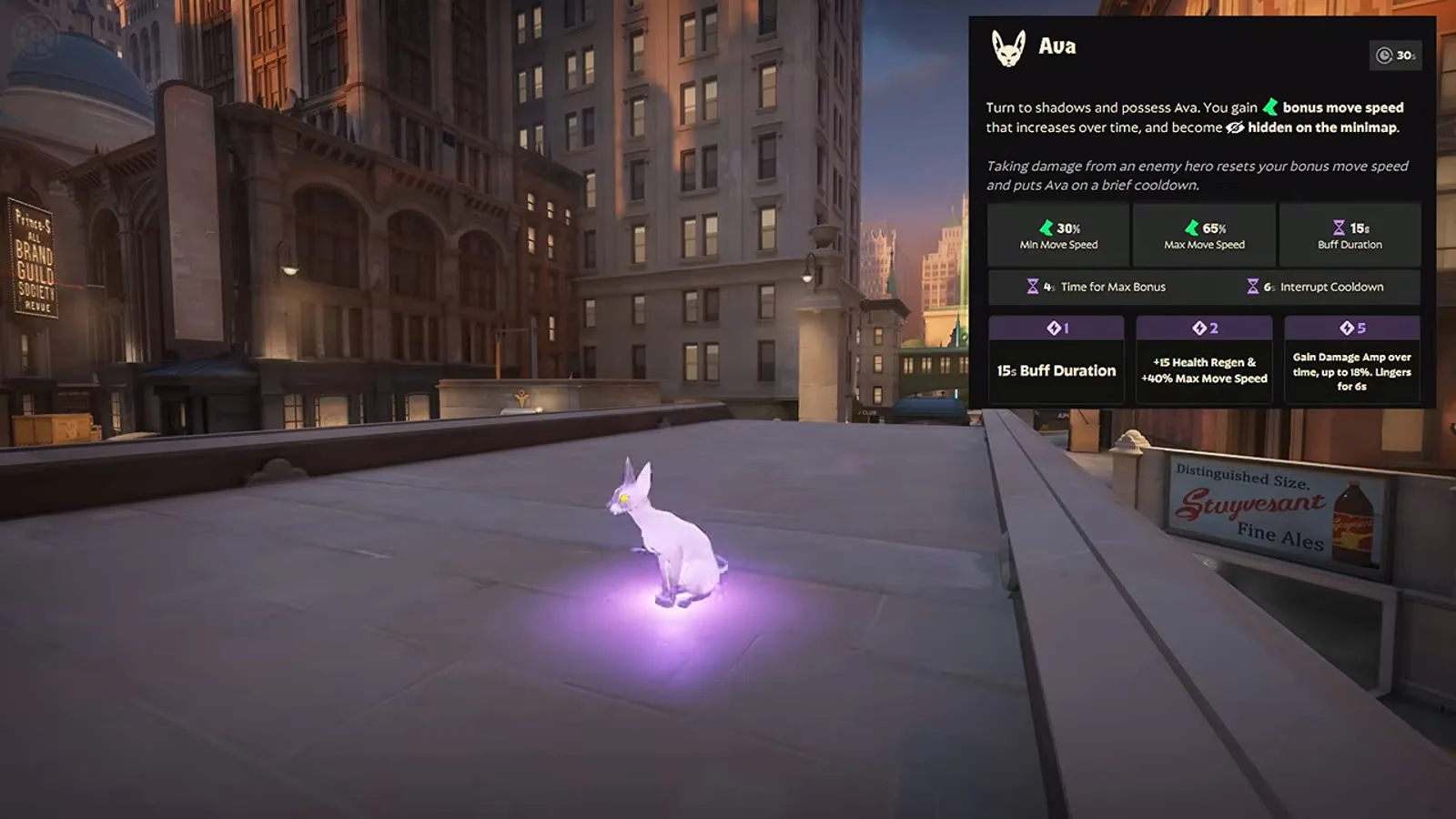 Calico in Ava cat form with the Ava ability tooltip open in Deadlock