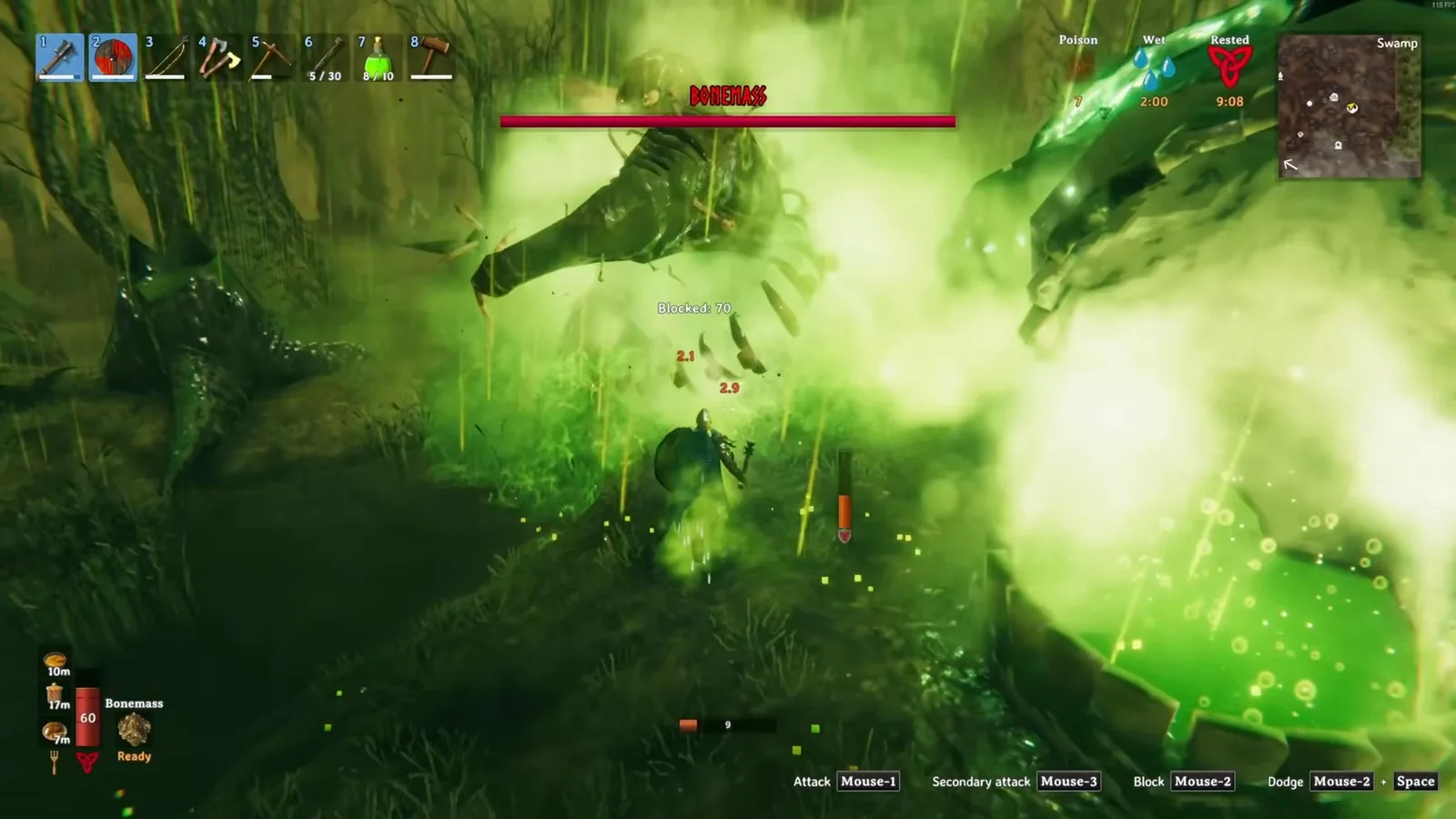 Blocking a Skeleton summoned by Bonemass during the fight next to the altar