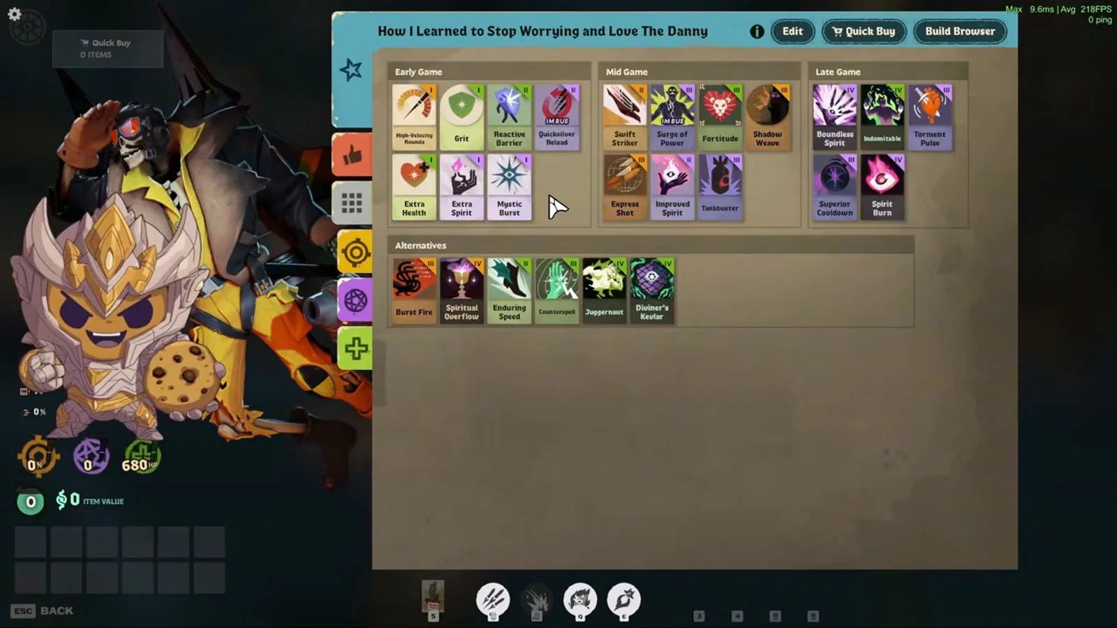 Deadman Danny in-game build page with early, mid and late game items and alternatives
