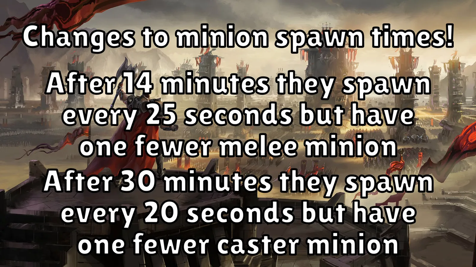 Video slide: minions spawn every 25 seconds after 14 minutes and every 20 seconds after 30 minutes