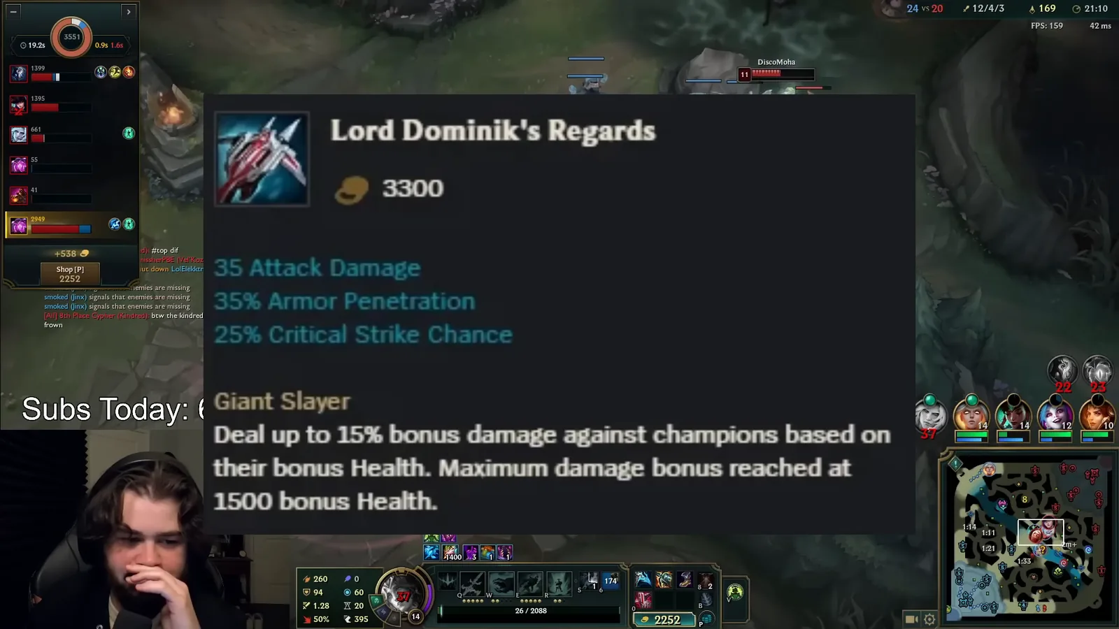 Lord Dominik's Regards tooltip: 3300 gold, 35 AD, 35% armor penetration, Giant Slayer up to 15%