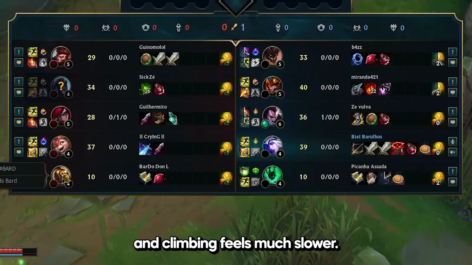 League of Legends end-game scoreboard, where low hidden MMR makes LP gains smaller than losses