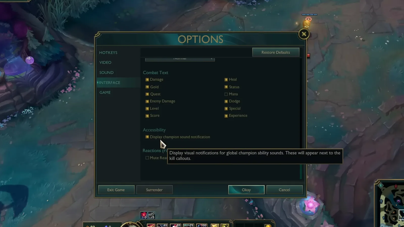 LoL Interface tab Combat Text options and the Display champion sound notification tooltip