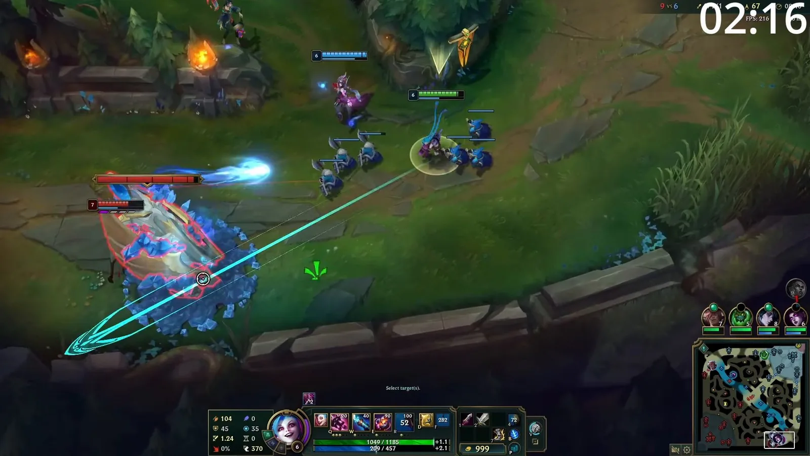 Jinx at level 6 in bot lane aiming her ultimate at a low-health enemy, with her support Morgana beside her