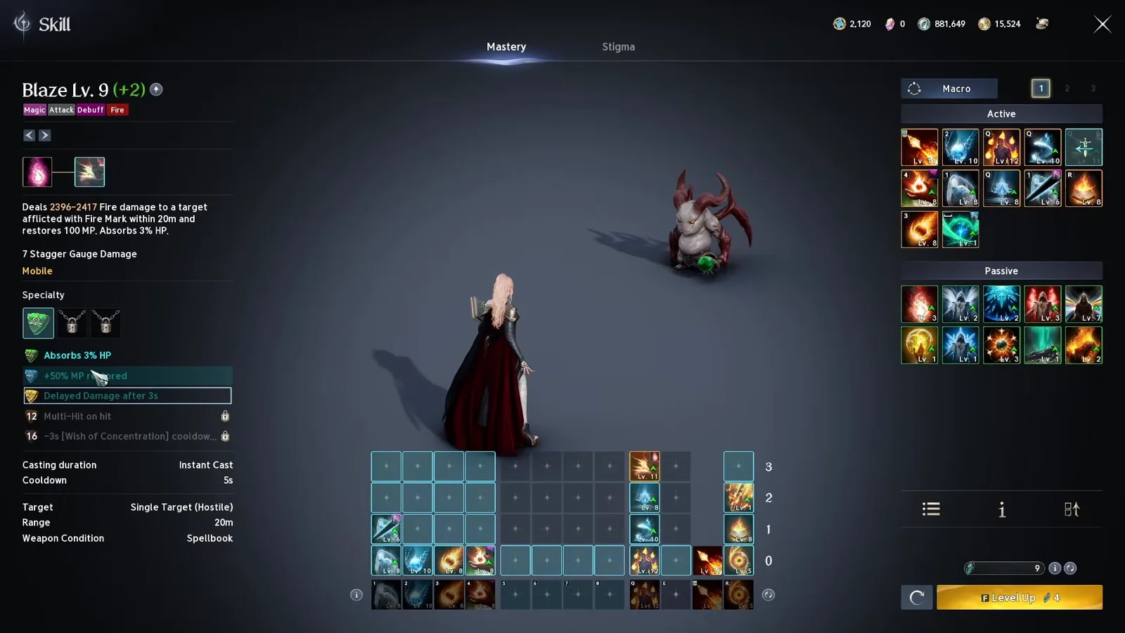 AION 2 Blaze skill tooltip with three Specialty slots unlocking at skill levels 12 and 16