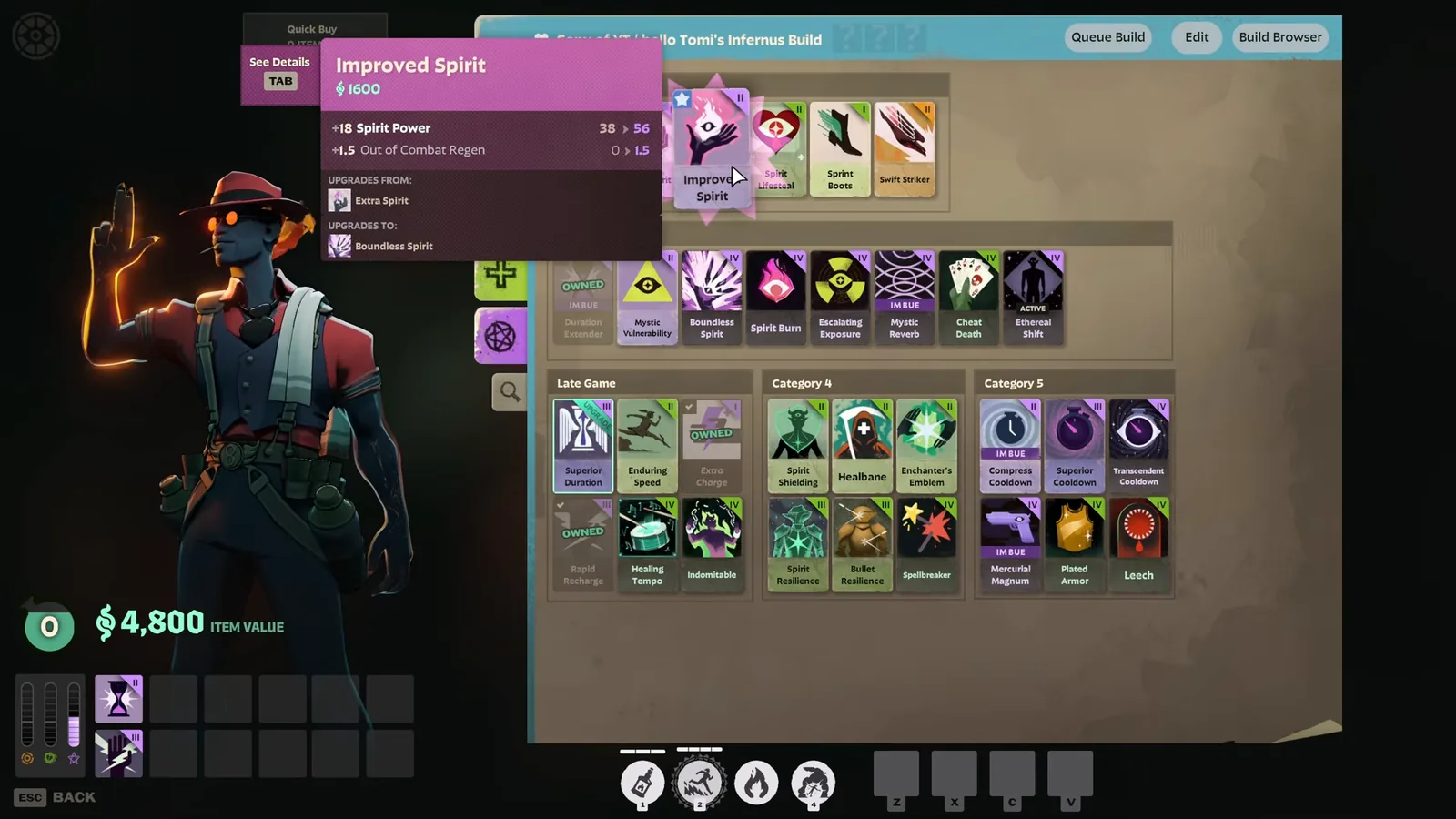 Infernus early game build list in the shop with the Improved Spirit tooltip open