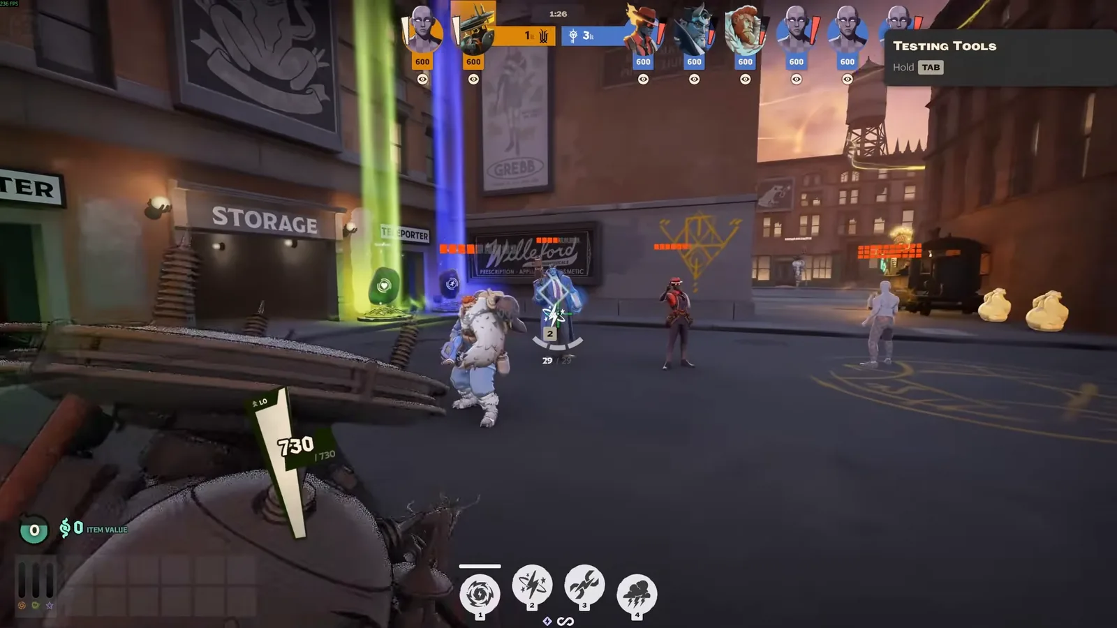 Seven's Lightning Ball hitting a practice target in the Deadlock sandbox
