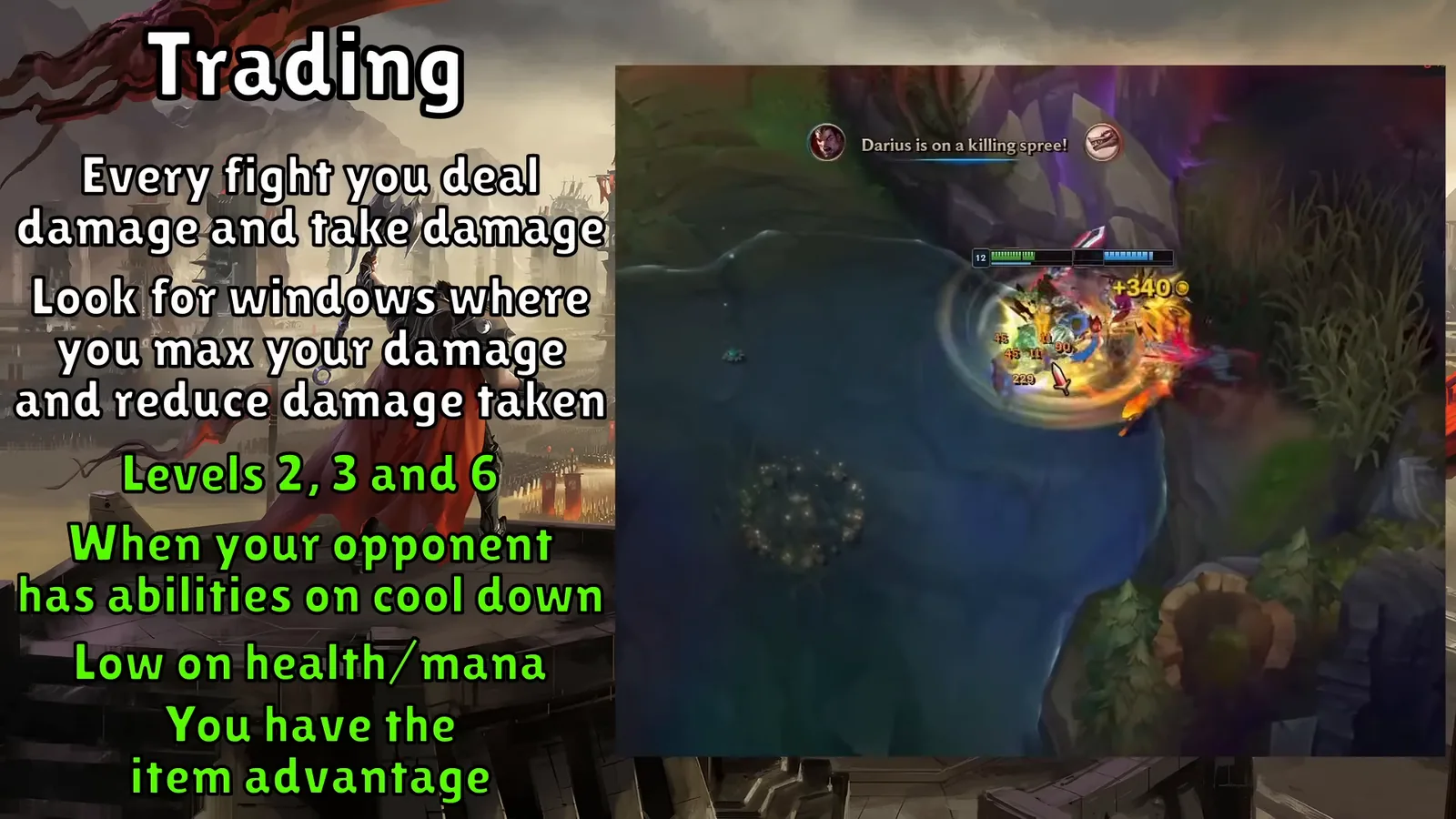 Top lane trading windows slide: levels 2, 3 and 6, enemy cooldowns, low health, item lead