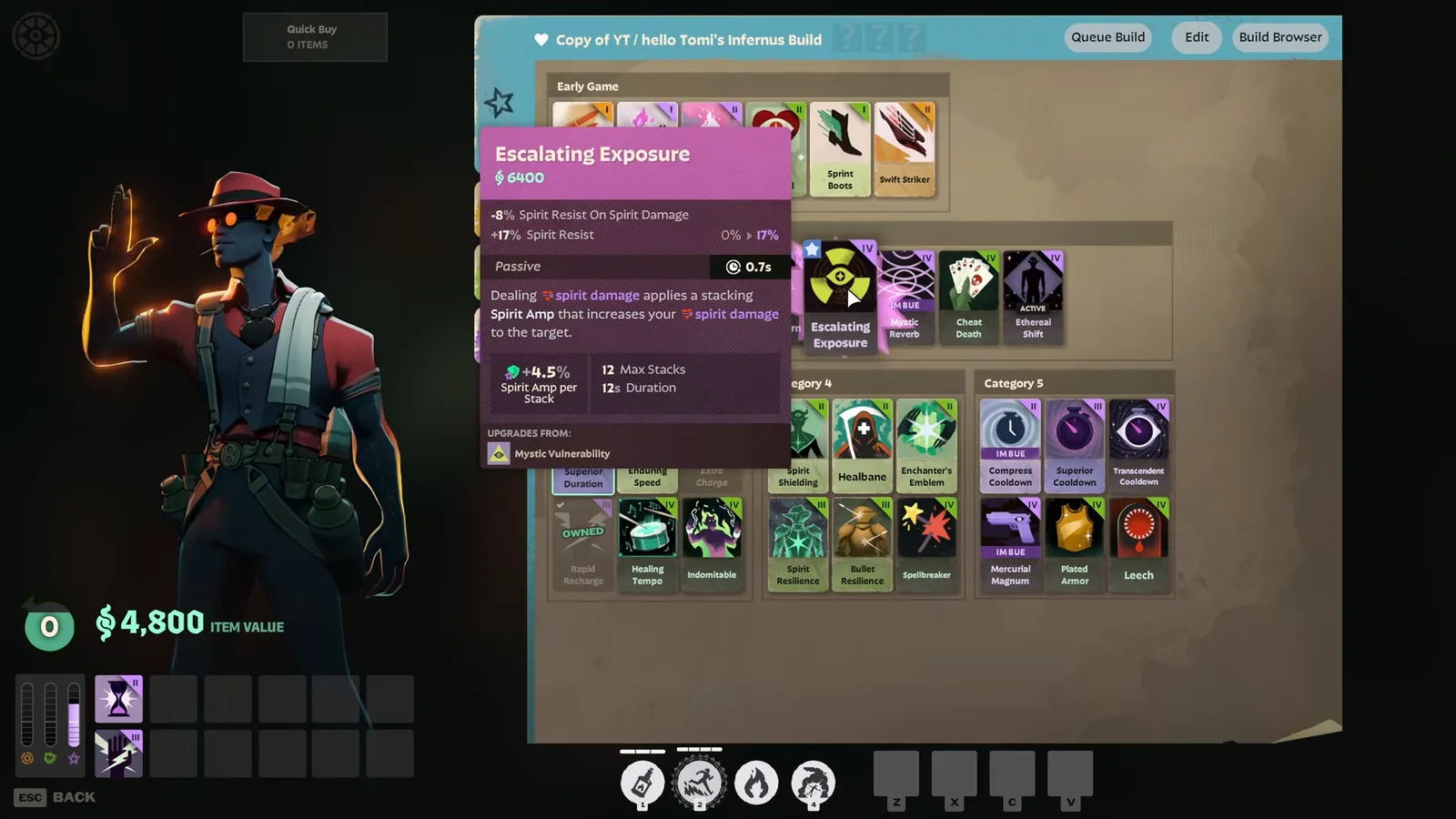 Escalating Exposure tooltip in the Infernus Flame Dash spirit build