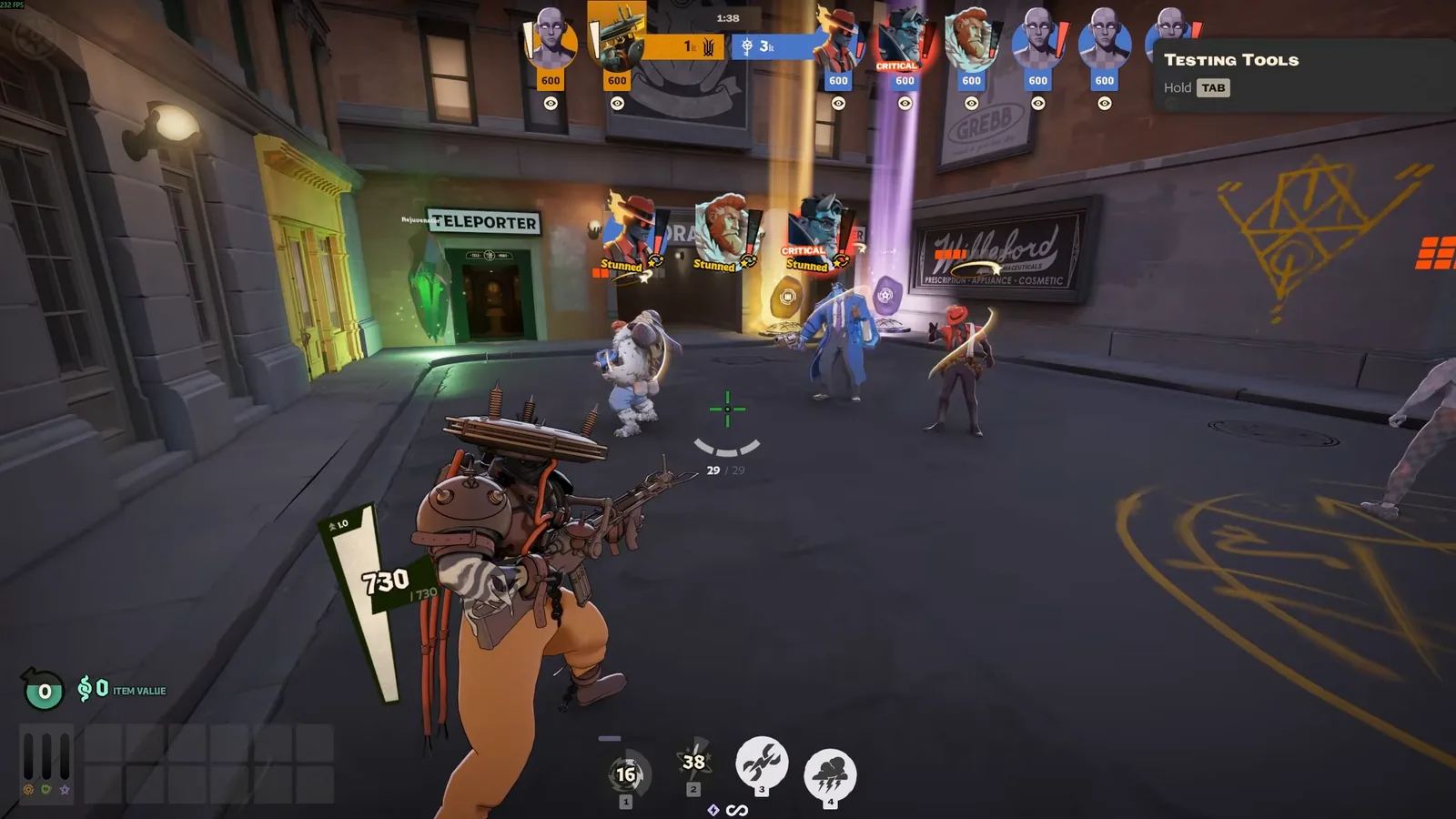 Several practice targets stunned by Seven's Static Charge in Deadlock