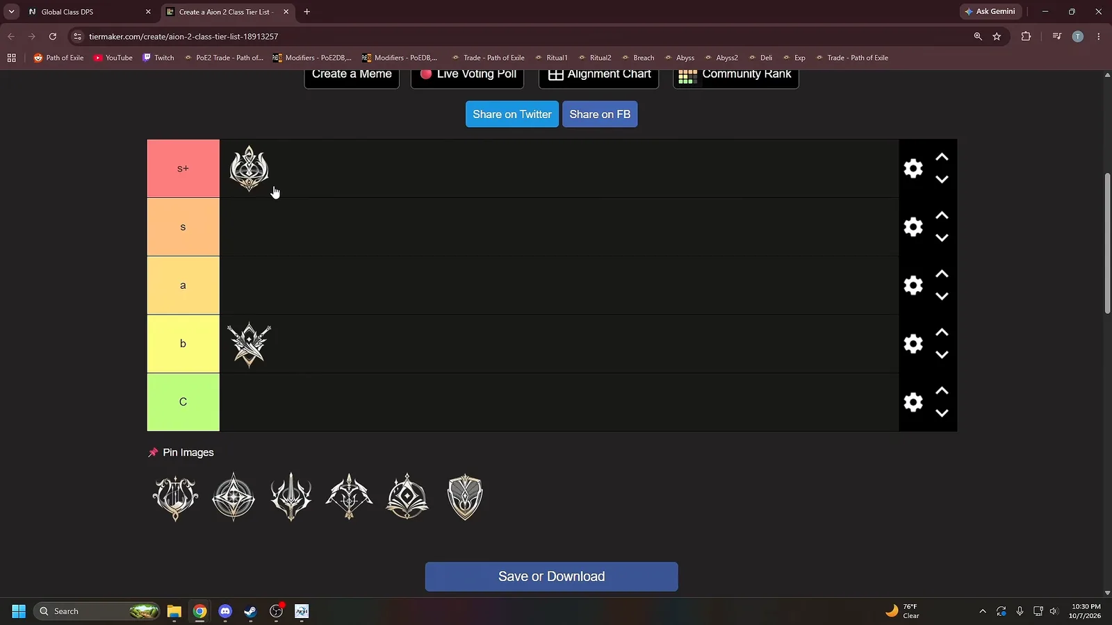 AION 2 tier list with Chanter placed alone in S+ tier and Assassin in B tier