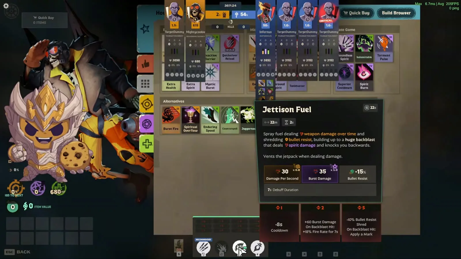 Jettison Fuel ability card showing damage, bullet resist shred and its three upgrades