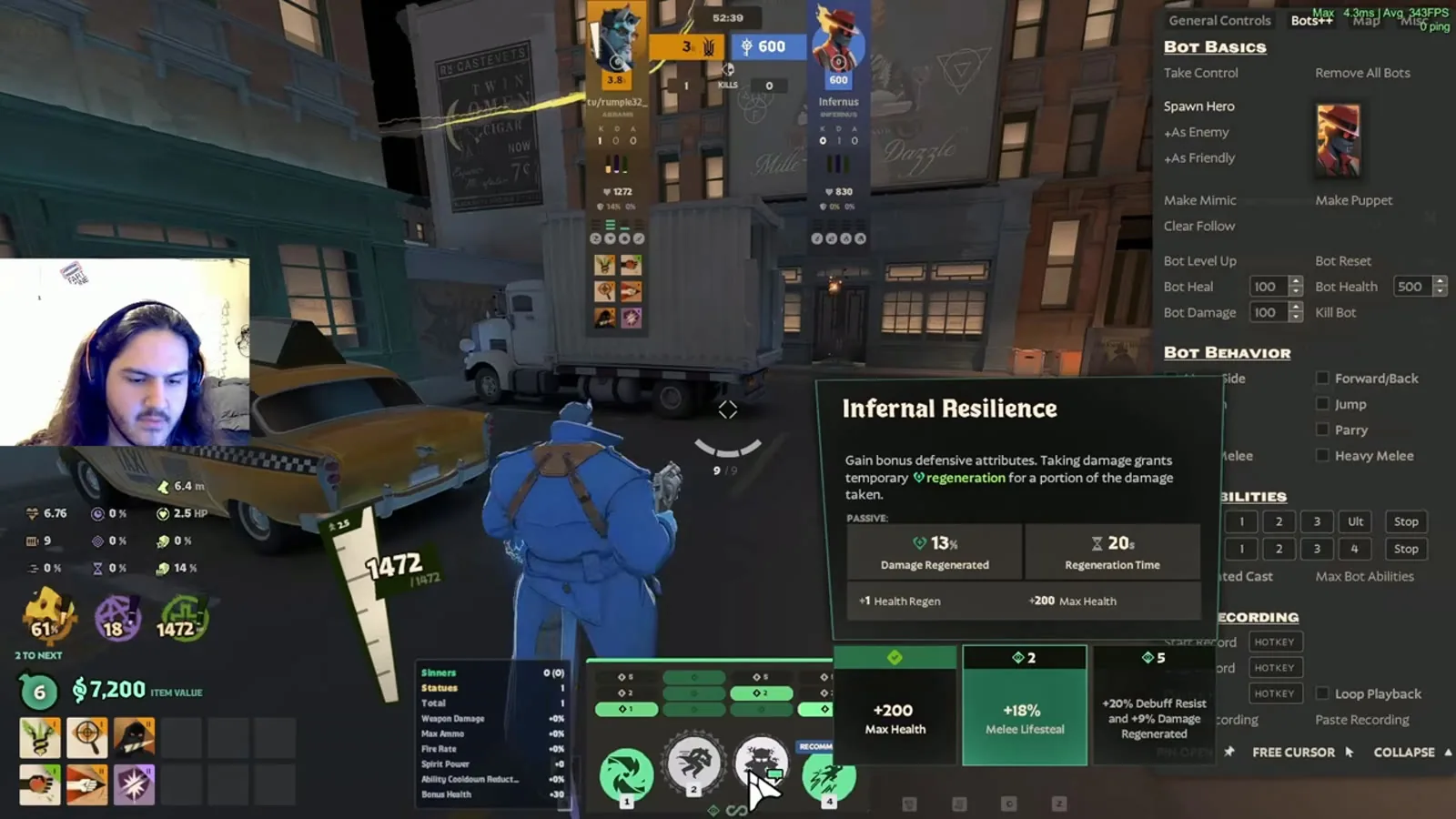 Abrams Infernal Resilience tooltip showing 13% damage regenerated over 20 seconds and its upgrades