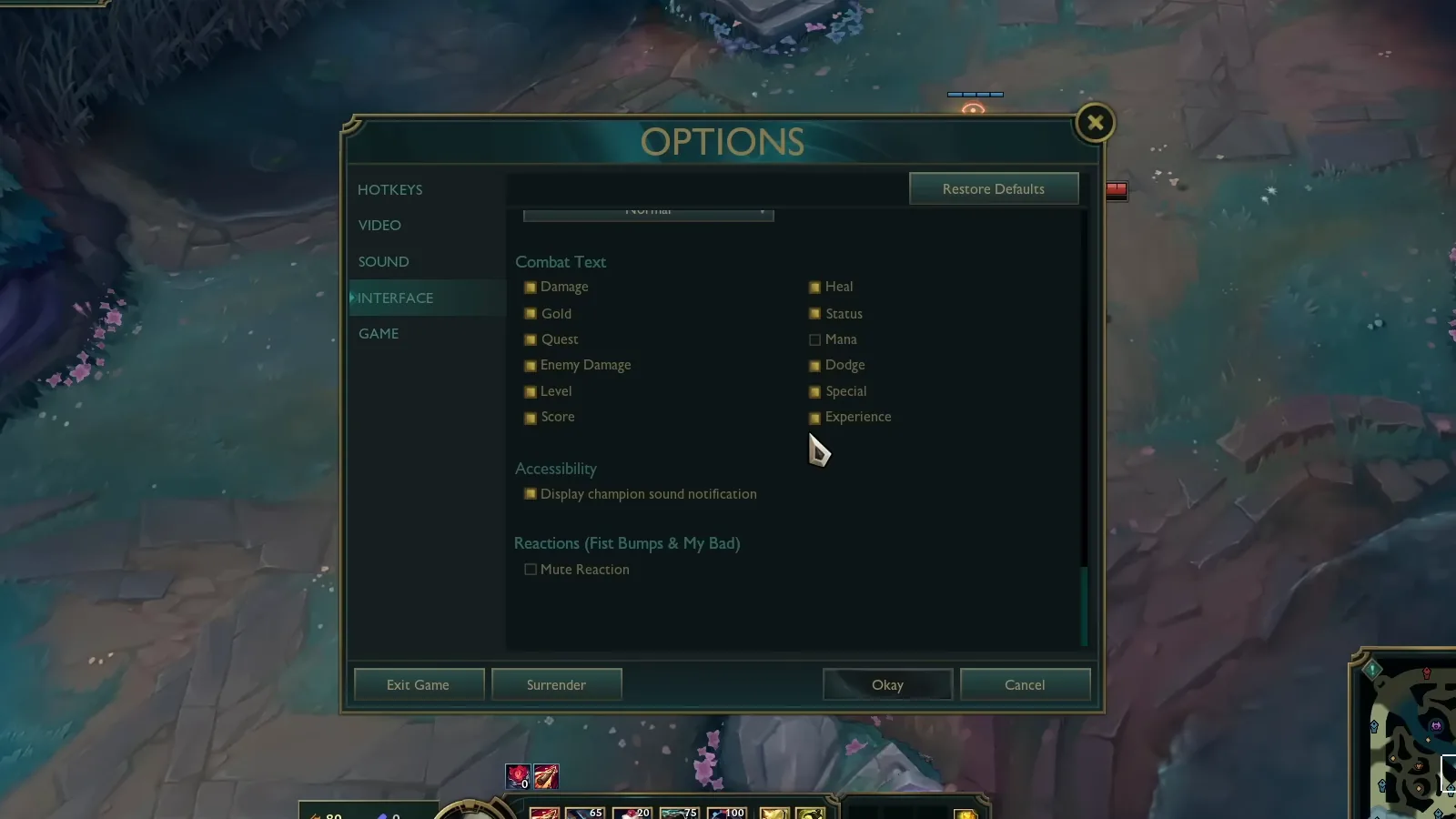 LoL Interface tab Combat Text checkboxes including Experience and the Accessibility section