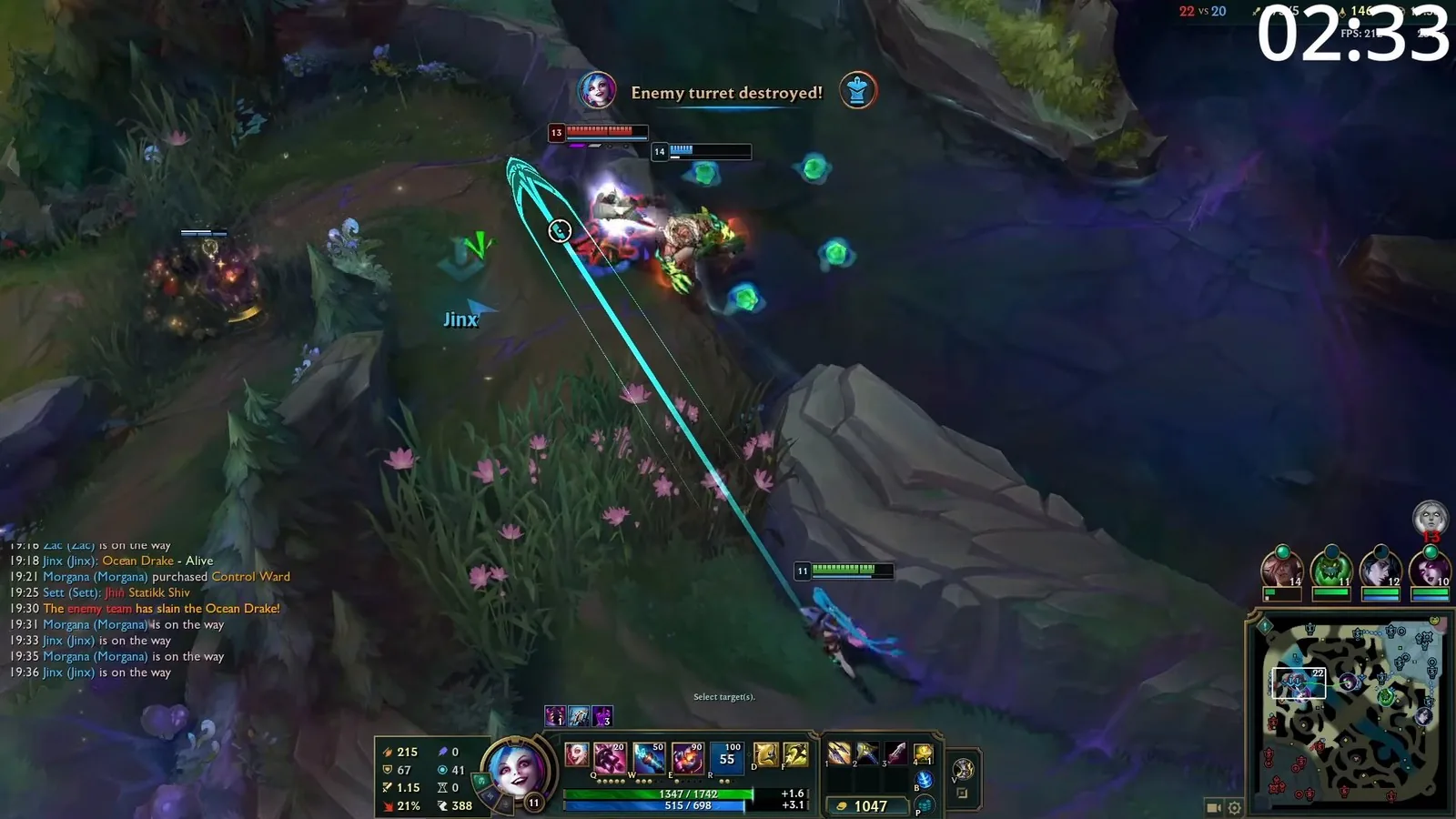 Jinx just after an enemy turret is destroyed in the mid game, aiming a skillshot at a fleeing enemy